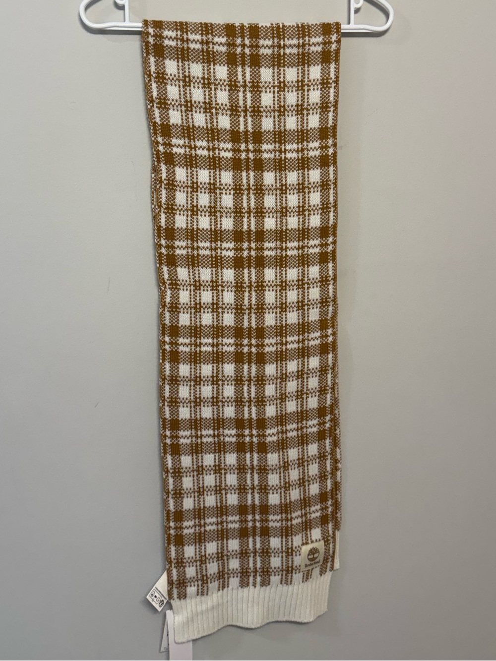 Timberland Camel and White Plaid Knit Scarf